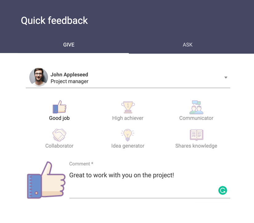 Sage HR interface to leave Quick Feedback to your colleagues